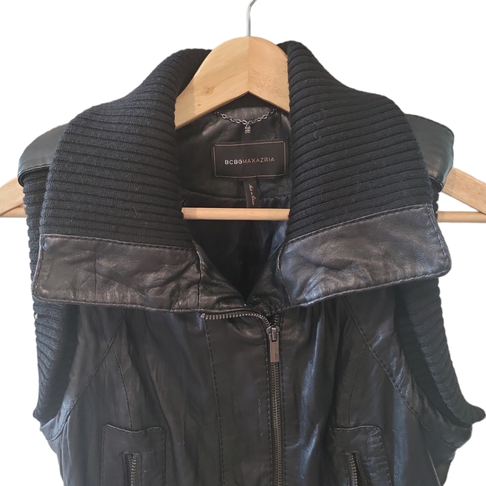 BCBG Max Azria leather biker vest black silver zippers quilted detailing edgy - Picture 8 of 11